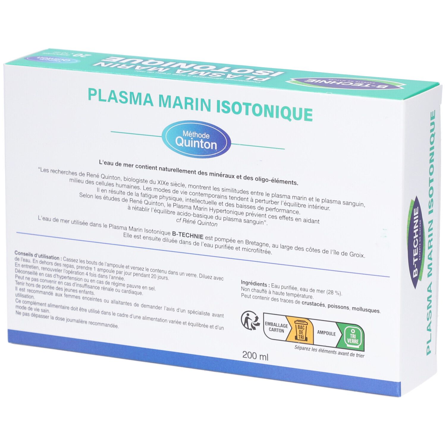 Dos de la boîte avec texte. Nom: Plasma Marin Isotonique. Marque: B-Technie. 200 ml.