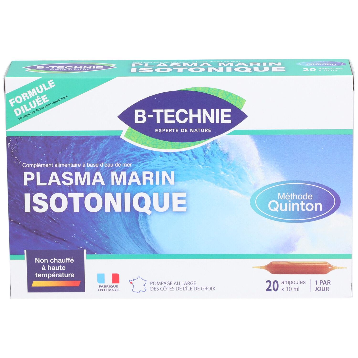 Boîte de "Plasma Marin Isotonique". Contient 20 ampoules. Marque B-Technie. Méthode Quinton.