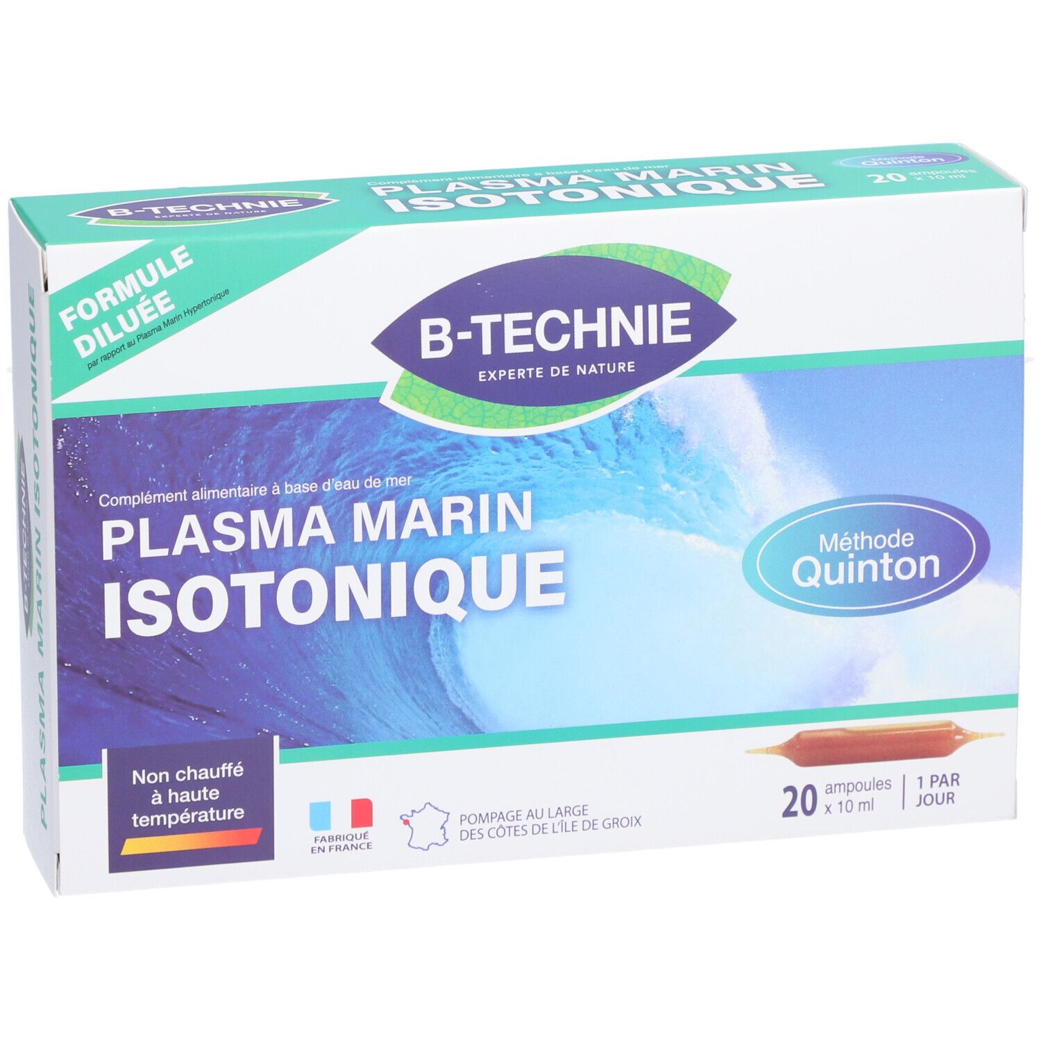 Boîte de "Plasma Marin Isotonique". Contient 20 ampoules. Marque B-Technie. Méthode Quinton.