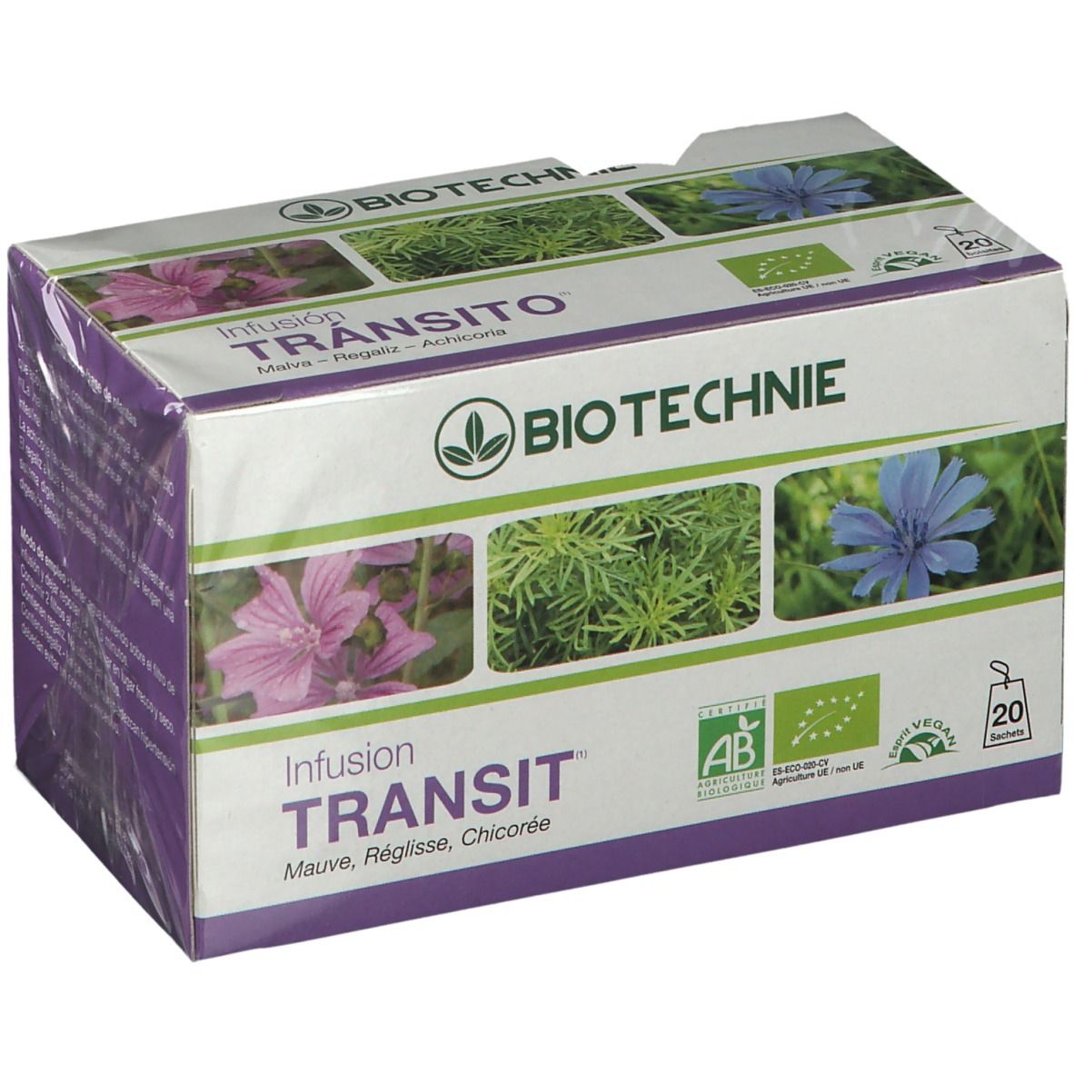 Boîte de BIOTECHNIE Bio Infusion Transit. Images de fleurs et plantes. Labels AB et Bio. Contient 20 sachets.