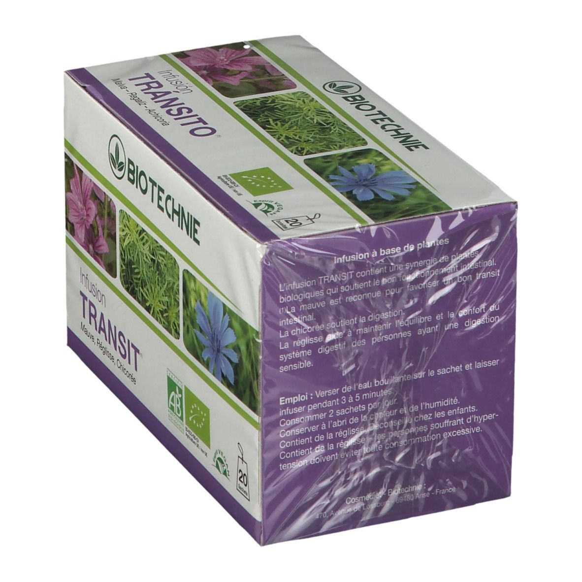 Emballage de BIOTECHNIE Bio Infusion Transit. Texte et images de plantes. Labels AB et Bio. 20 sachets.