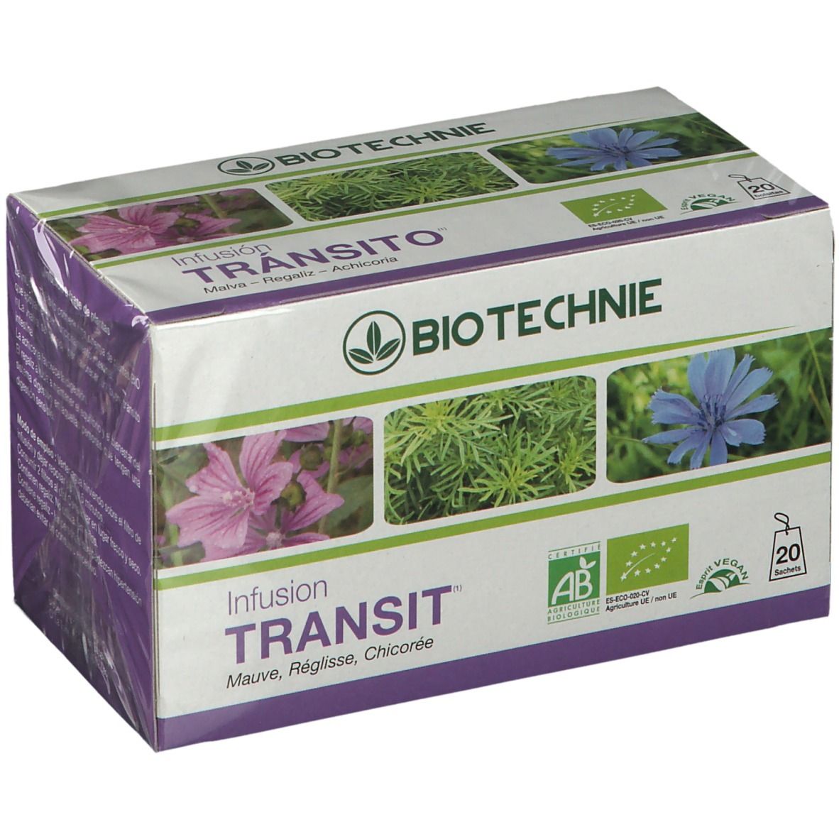 Boîte de BIOTECHNIE Bio Infusion Transit. Images de fleurs et plantes. Labels AB et Bio. Contient 20 sachets.