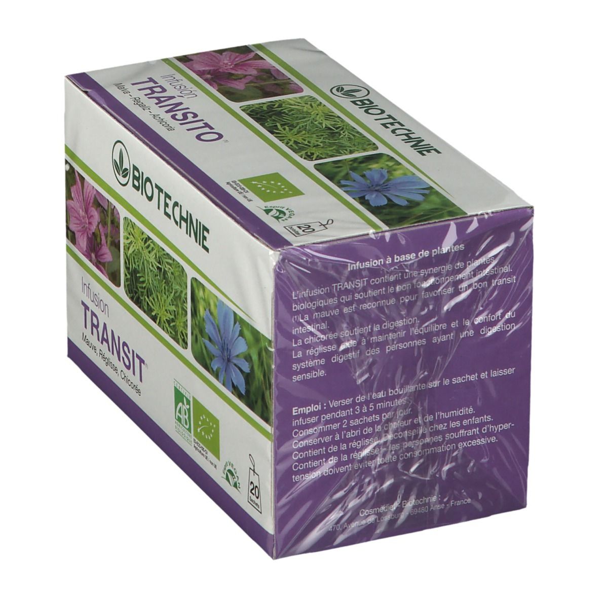 Emballage de BIOTECHNIE Bio Infusion Transit. Texte et images de plantes. Labels AB et Bio. 20 sachets.