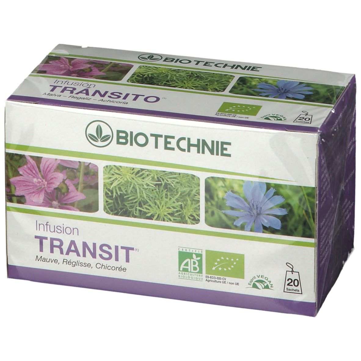 Boîte de BIOTECHNIE Bio Infusion Transit. Images de fleurs et plantes. Labels AB et Bio. Contient 20 sachets.