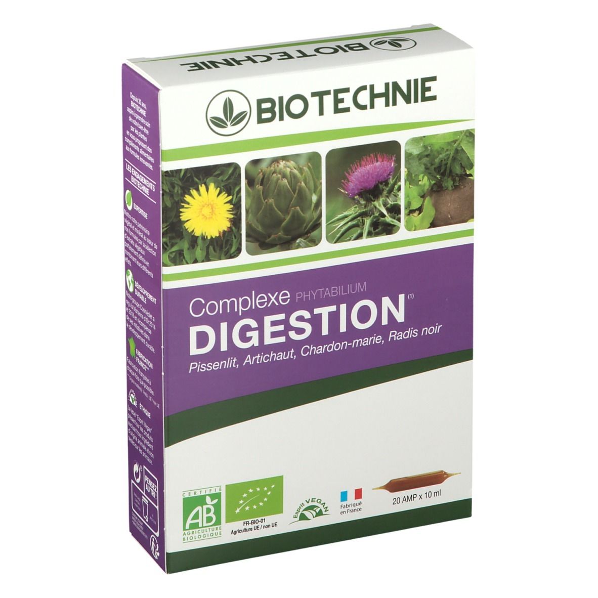Boîte de BIOTECHNIE Complexe Digestion Bio Ampoules. Inscriptions: BIOTECHNIE, Complexe Digestion, label AB, 20 ampoules.