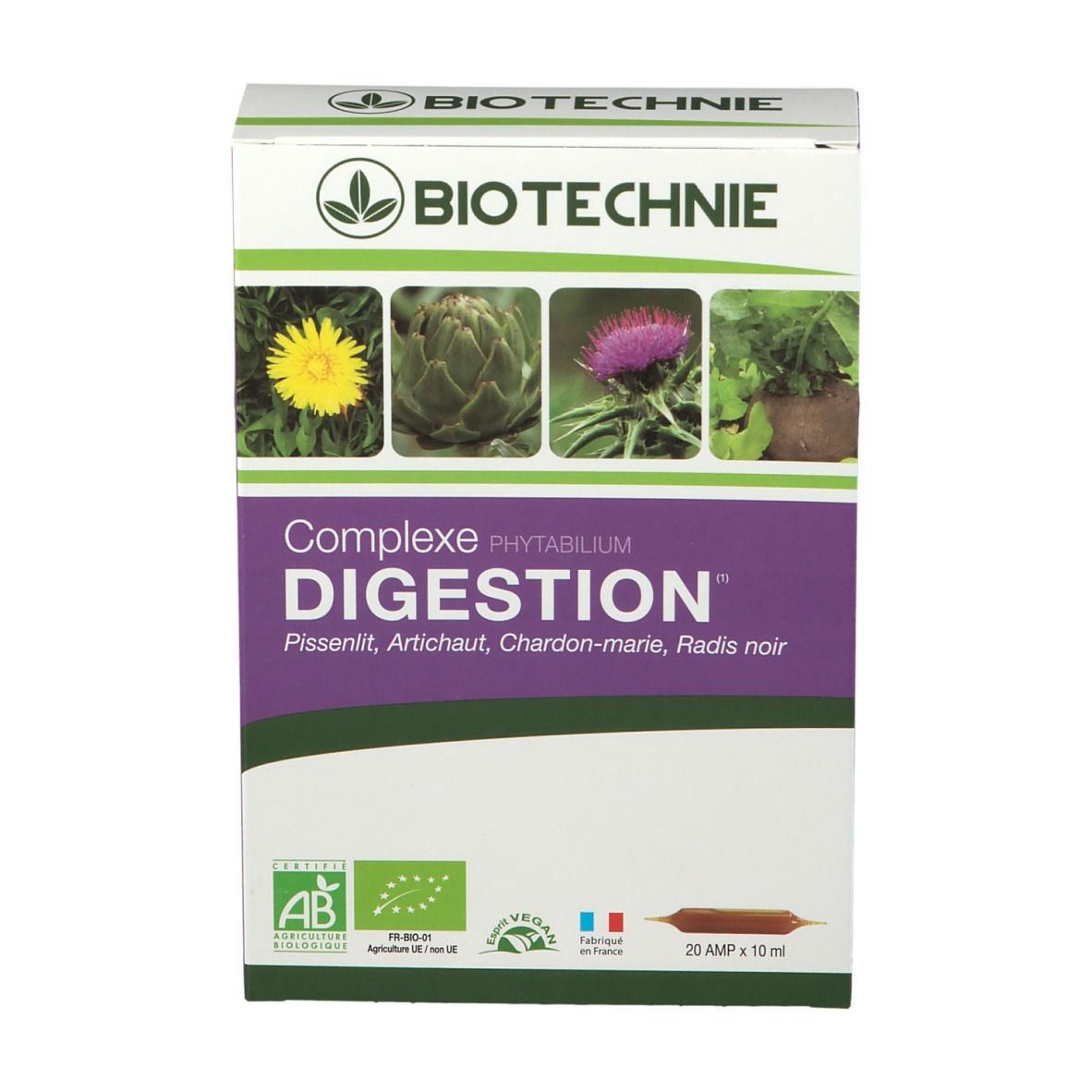 Boîte de BIOTECHNIE Complexe Digestion Bio Ampoules. Inscriptions: BIOTECHNIE, Complexe Digestion, label AB, 20 ampoules.