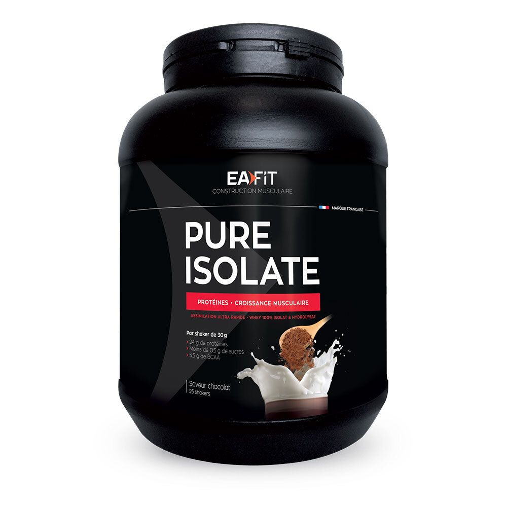 Schwarze Dose mit EAFIT Pure Isolate. Aufschrift: Pure Isolate, Proteine, Schokoladengeschmack. Bild von Milch und Schokoladenpulver.