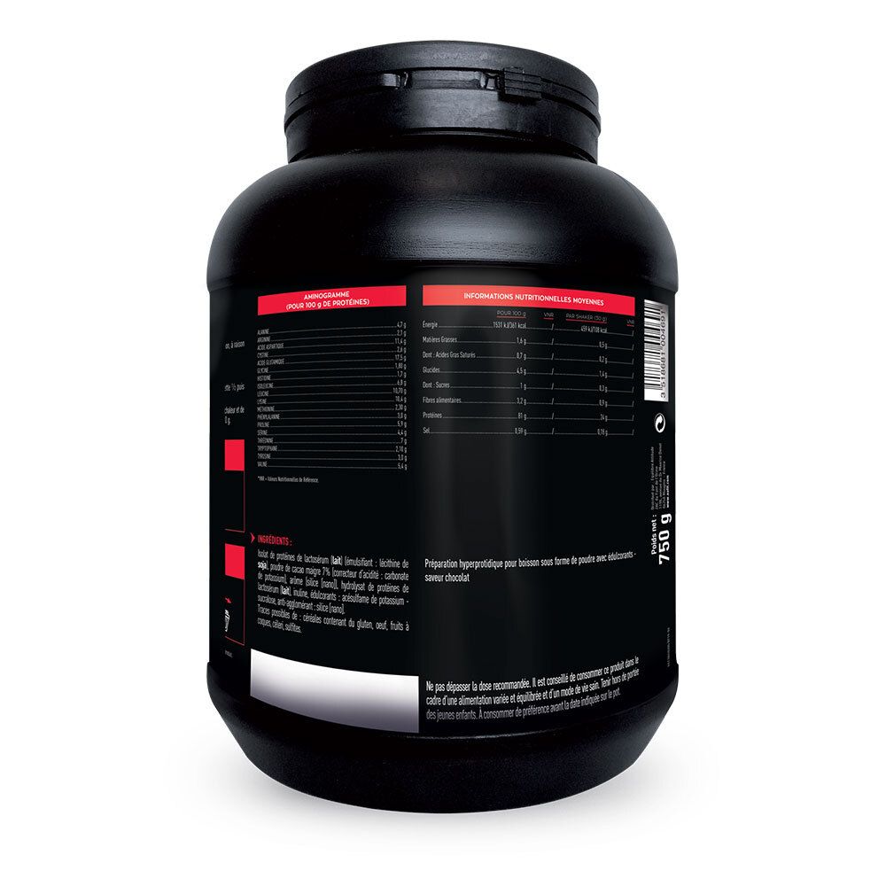 Rückseite einer schwarzen Dose mit Nährwertangaben und Zutatenlisten. Text in mehreren Sprachen. 750g.