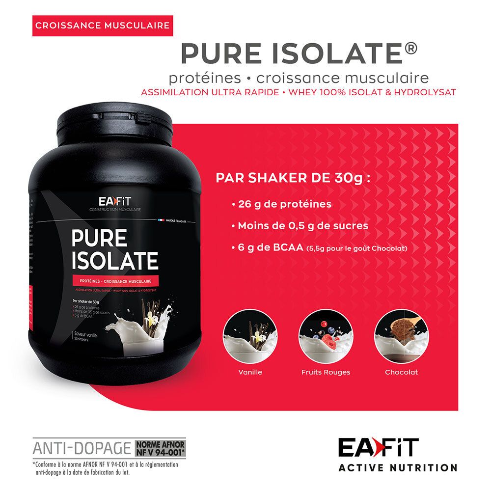 Schwarze Dose mit EAFIT Pure Isolate. Text: Proteine, Muskelaufbau. Abbildungen von Vanille, roten Früchten und Schokolade.