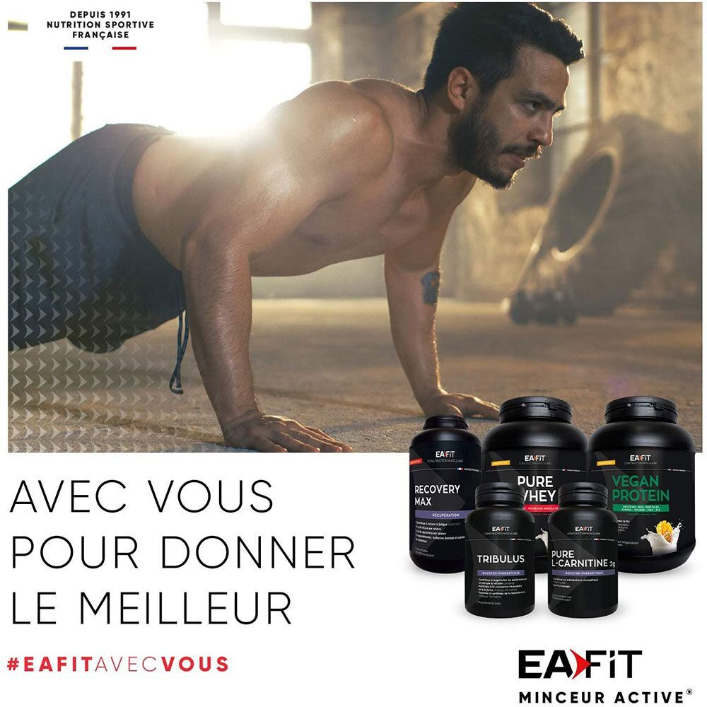 Mann beim Training. Mehrere Dosen EAFIT-Produkte. Text: Mit Ihnen, um das Beste zu geben. #EAFITavecvous.