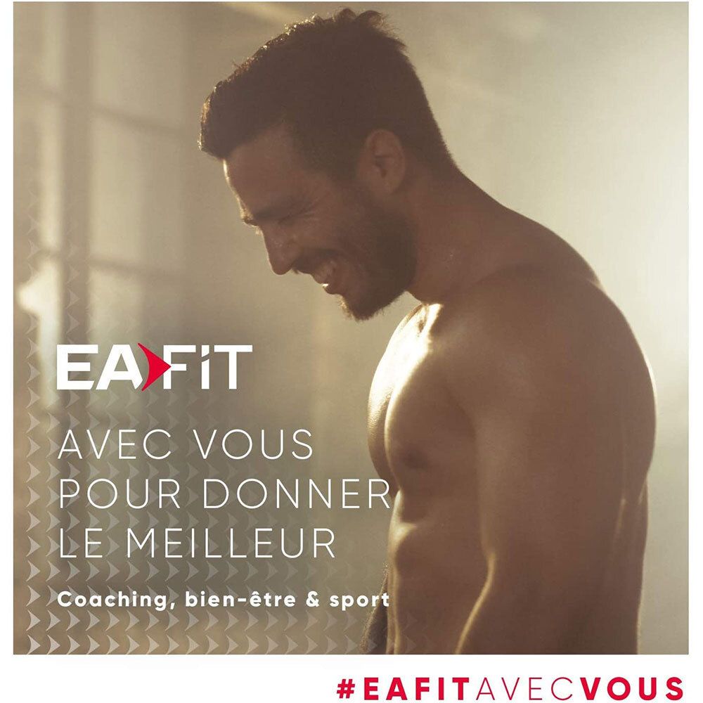 Mann lächelt. Text: EAFIT. Mit Ihnen, um das Beste zu geben. Coaching, Wohlbefinden & Sport. #EAFITavecvous.