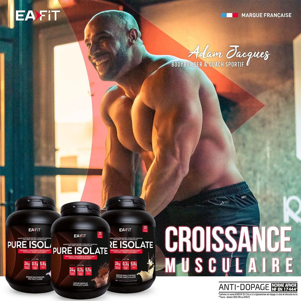Drei Dosen EA Fit Pure Isolate Vanille neben einem Mann. Text: 'Croissance musculaire'. Anti-Doping-Zertifizierung.