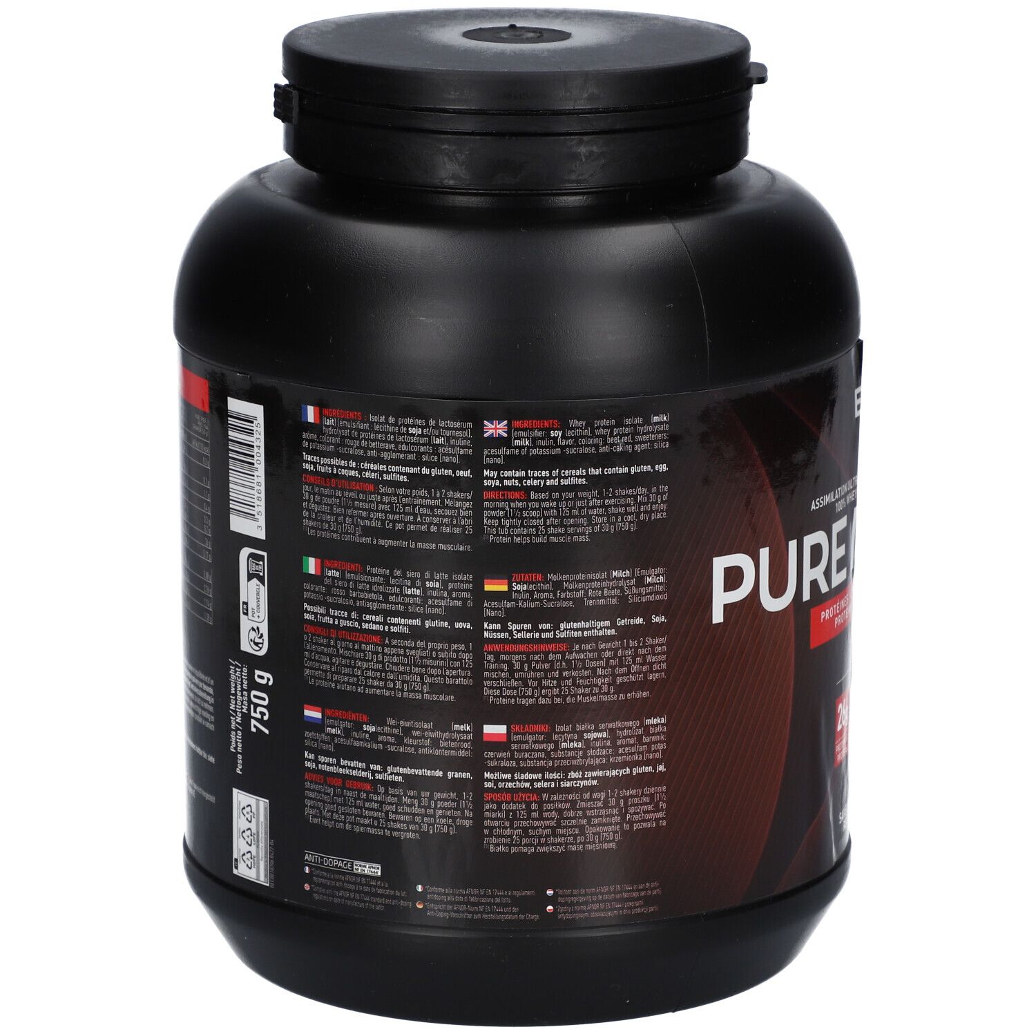 Schwarze Dose mit Texten in verschiedenen Sprachen. Aufschrift: 750 g. Rückseite mit Nährwertangaben und Warnhinweisen.