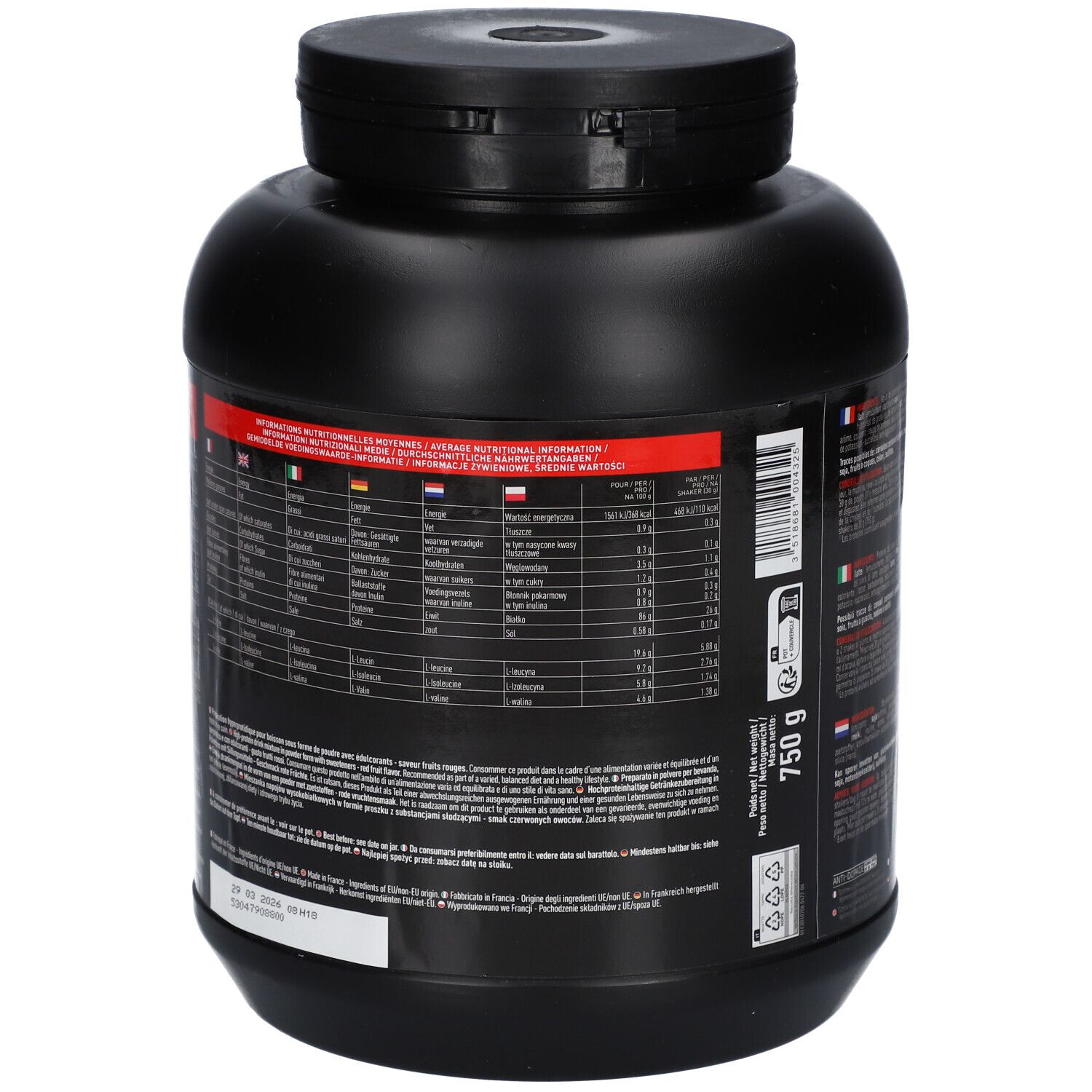 Schwarze Dose mit Texten in verschiedenen Sprachen. Aufschrift: 750 g. Rückseite mit Nährwertangaben und Warnhinweisen.