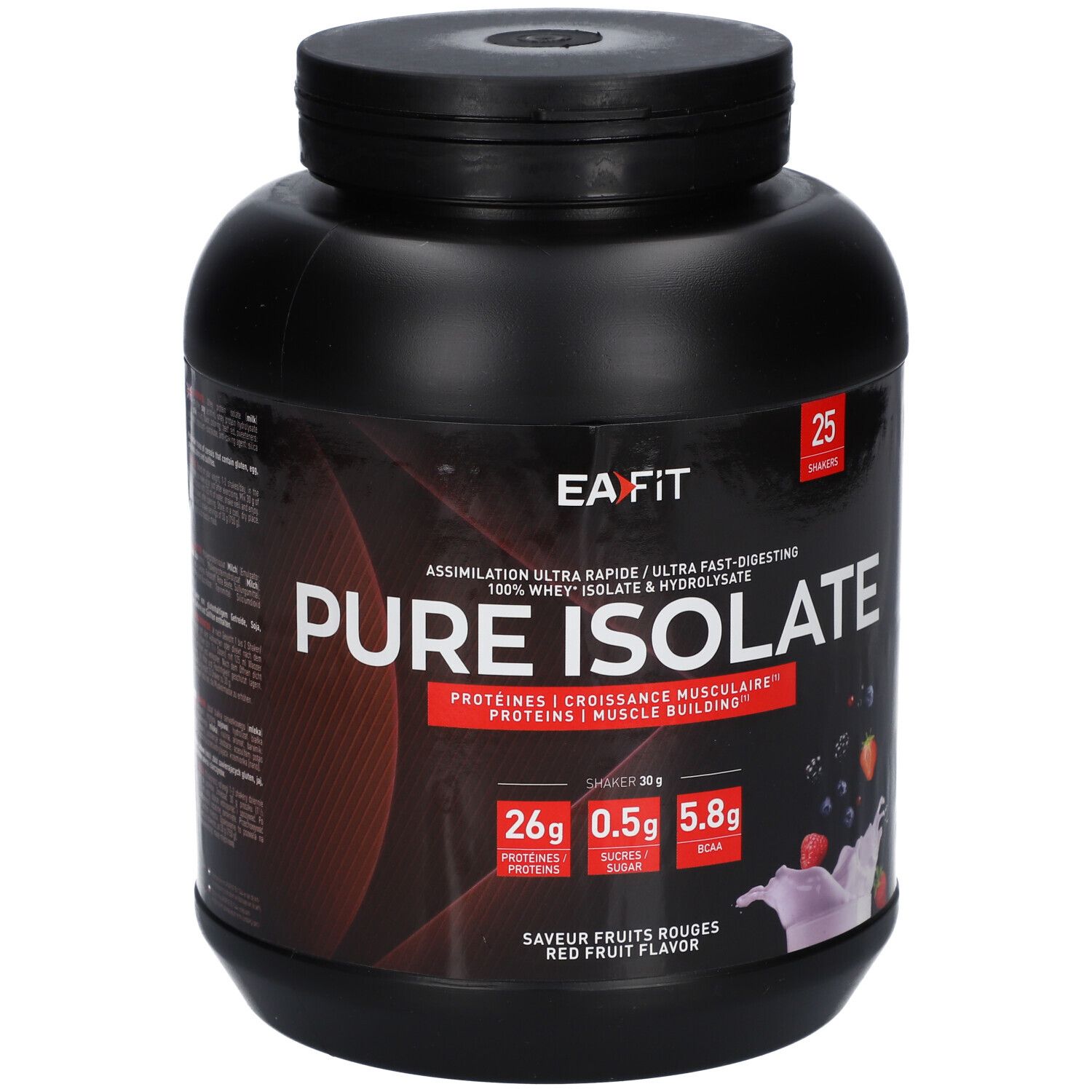 Schwarze Dose mit EAFIT Pure Isolate. Aufschrift: Proteine, 26g Proteine, 0.5g Zucker, 5.8g BCAA. Rote Früchte.