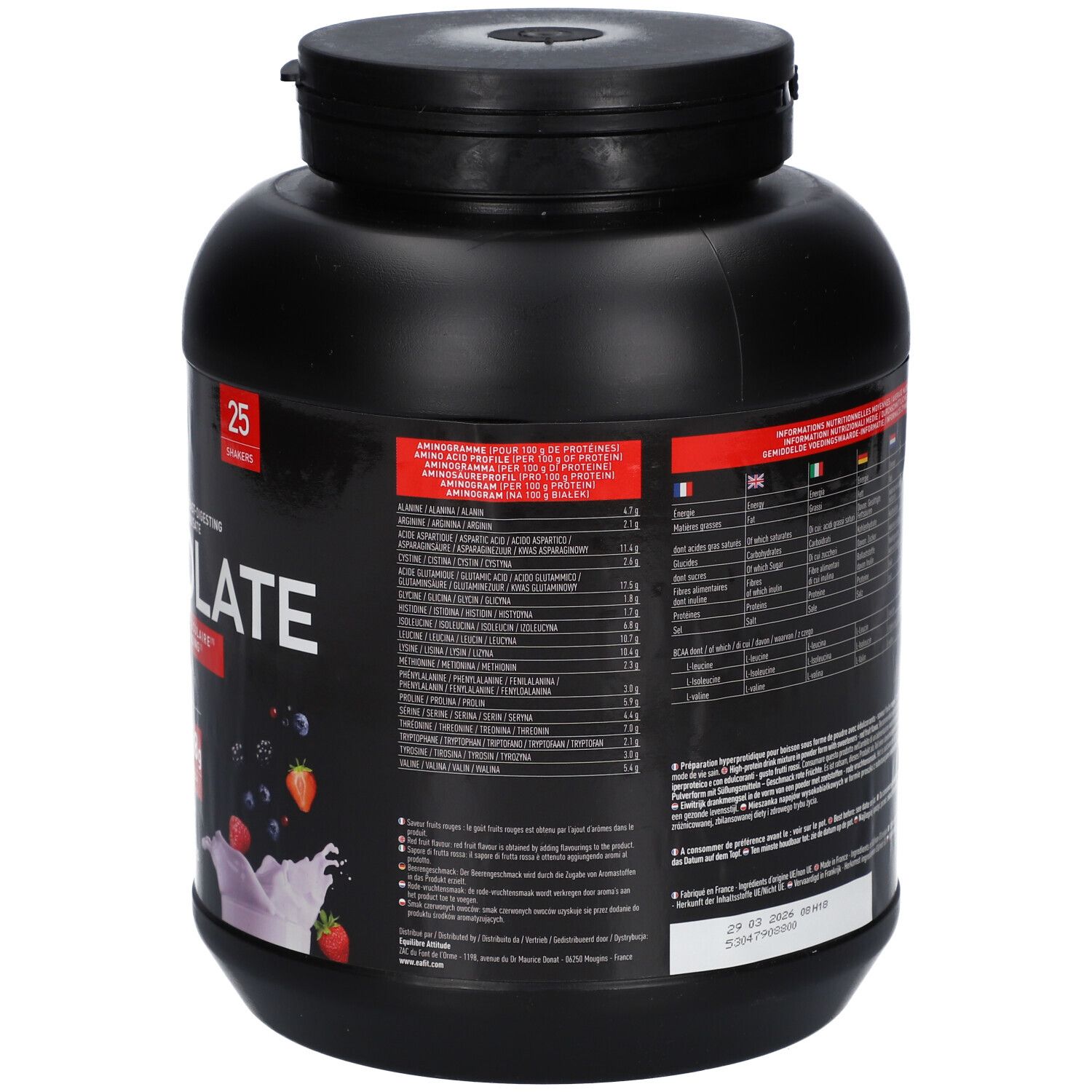 Schwarze Dose mit EAFIT Pure Isolate. Aufschrift: Proteine, 26g Proteine, 0.5g Zucker, 5.8g BCAA. Rote Früchte.