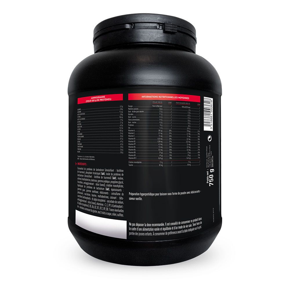Rückseite des schwarzen Behälters. Text mit Nährwertangaben und Zubereitungshinweisen. Gewicht: 750 g.