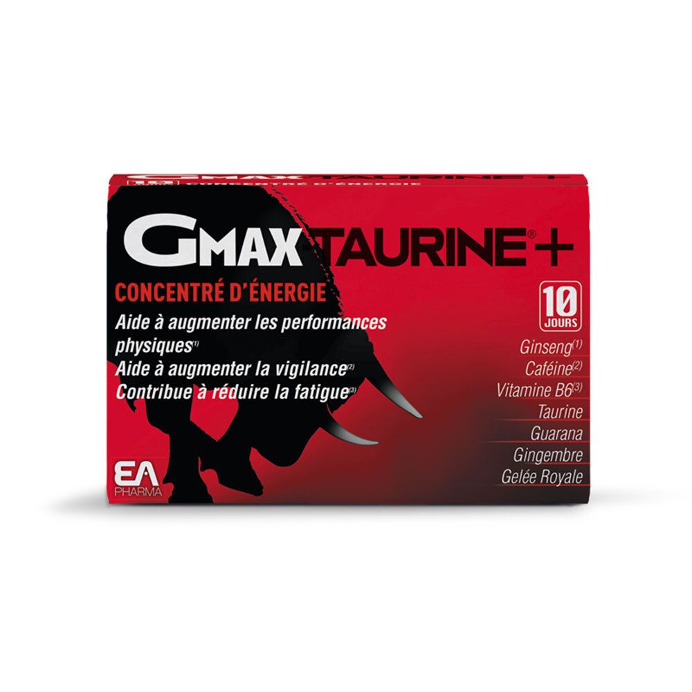 Boîte rouge Gmax Taurine+. Inscriptions : Concentré d'énergie, 10 jours, ingrédients. Logo EA Pharma.