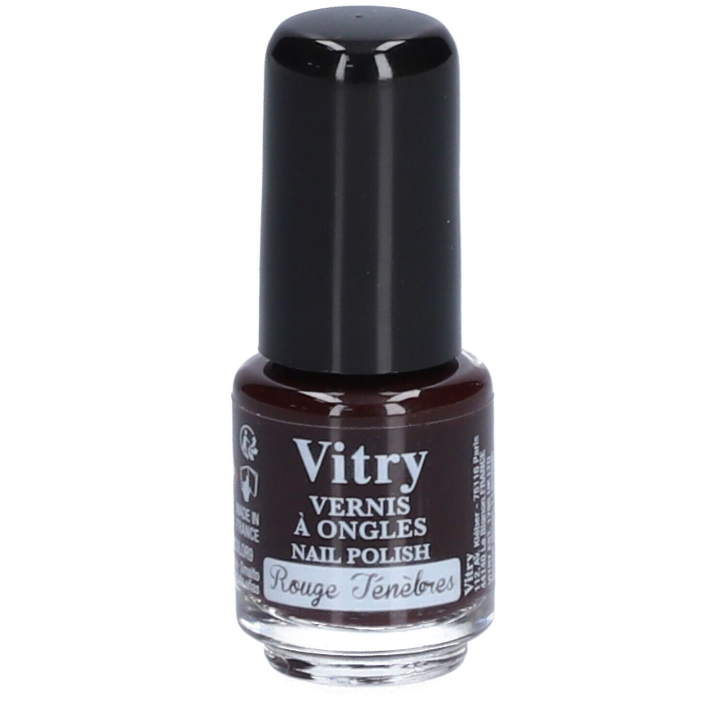 Flacon de vernis à ongles avec bouchon noir. Inscription : Vitry, Vernis à Ongles, Rouge Ténèbres.