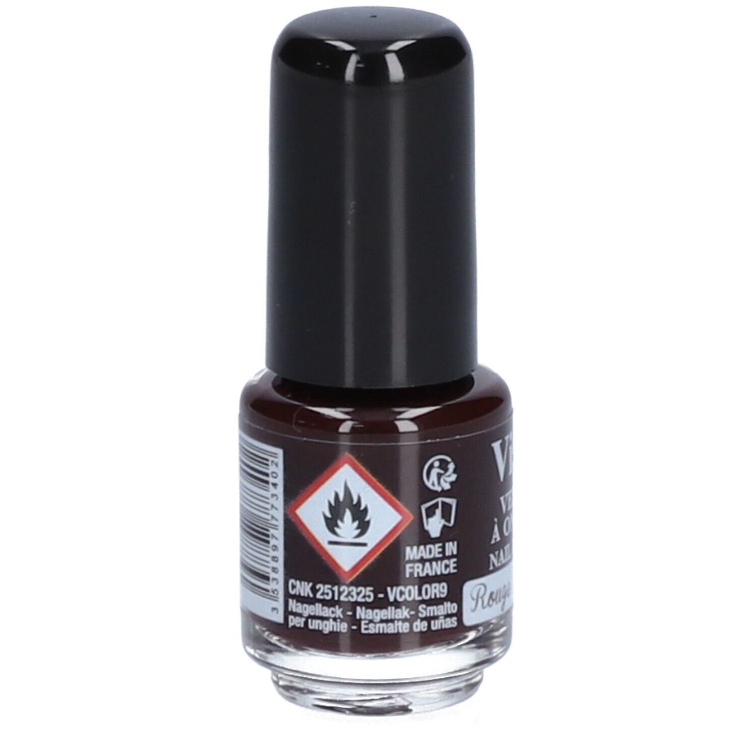 Flacon de vernis à ongles avec bouchon noir. Inscription : Vitry, Vernis à Ongles, Rouge Ténèbres. Symbole de danger.