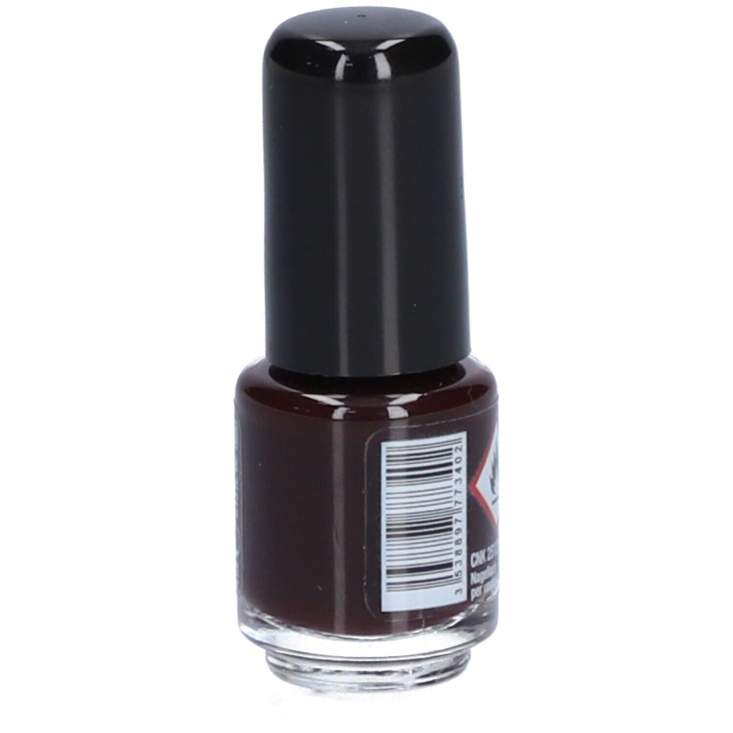 Flacon de vernis à ongles avec bouchon noir. Code-barres et symbole de danger.