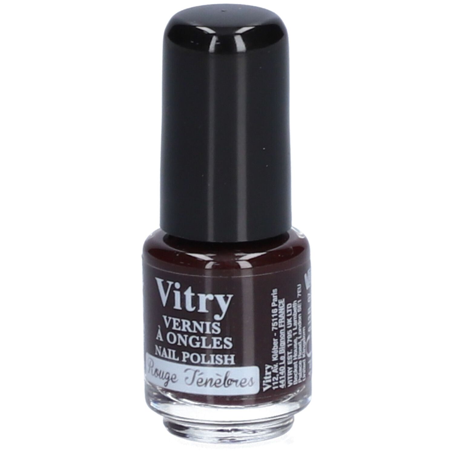 Flacon de vernis à ongles avec bouchon noir. Inscription : Vitry, Vernis à Ongles, Rouge Ténèbres. Informations fabricant.