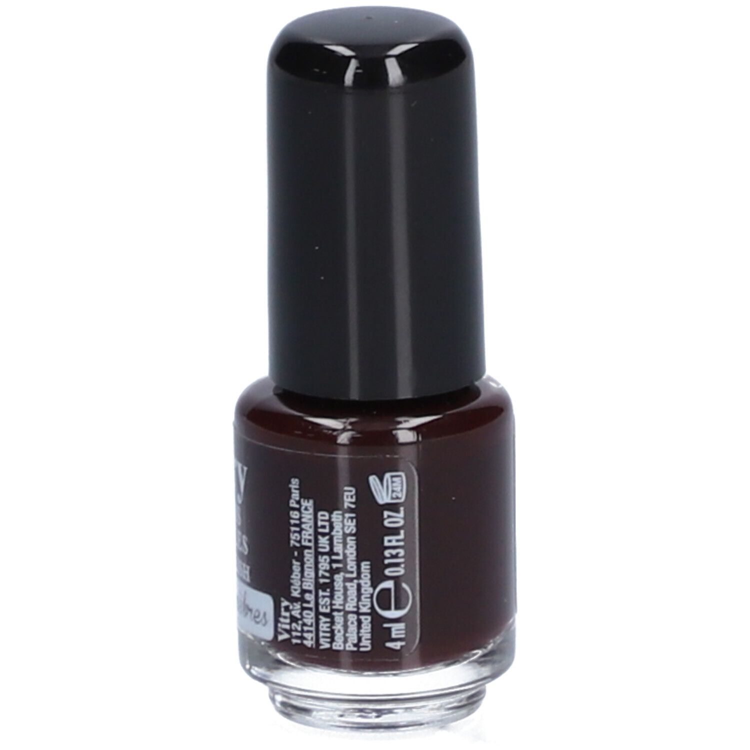 Flacon de vernis à ongles avec bouchon noir. Inscription : Vitry, Vernis à Ongles, Rouge Ténèbres. Volume : 4 ml.