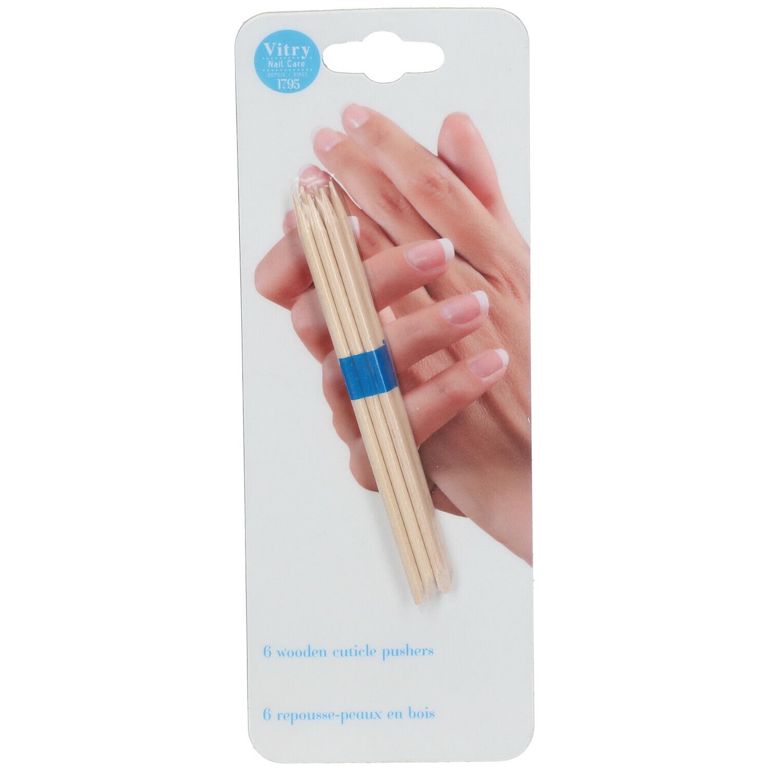 6 repousse-cuticules en bois, bandeau bleu, emballage produit avec mains en arrière-plan.