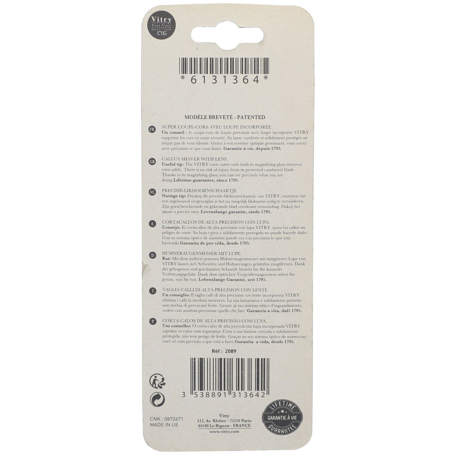 Dos de l'emballage blister. Texte multilingue. Nom du produit et logo de garantie. Texte noir sur fond blanc.