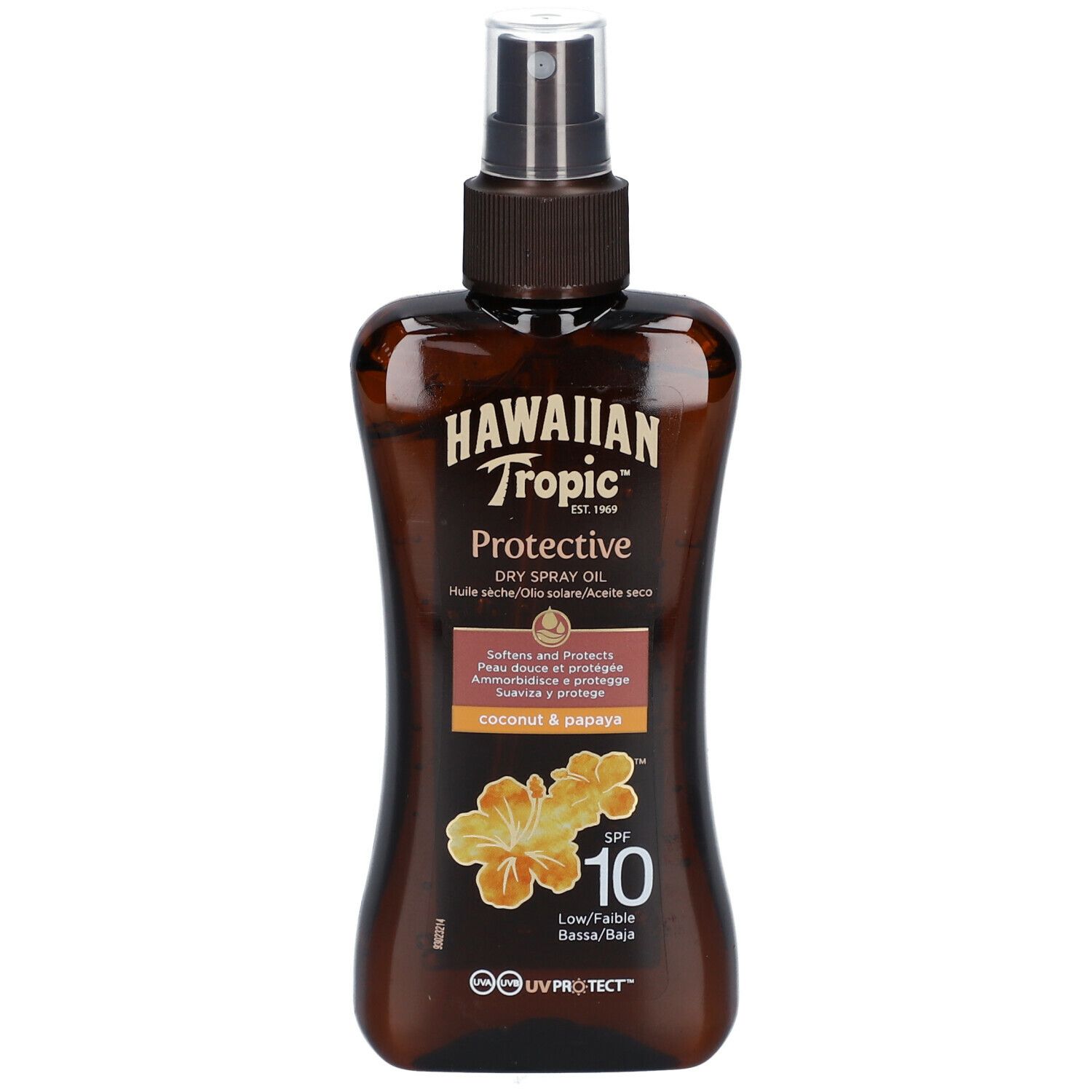 Bruine sprayfles Hawaiian Tropic Protective. SPF 10. Kokosnoot & Papaya. UV-bescherming.