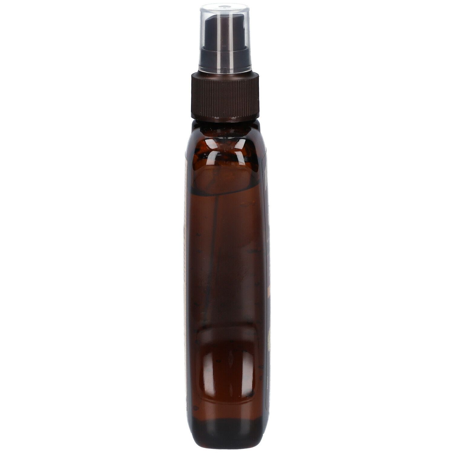 Langwerpige bruine sprayfles met bruine sproeikop. Transparante dop.