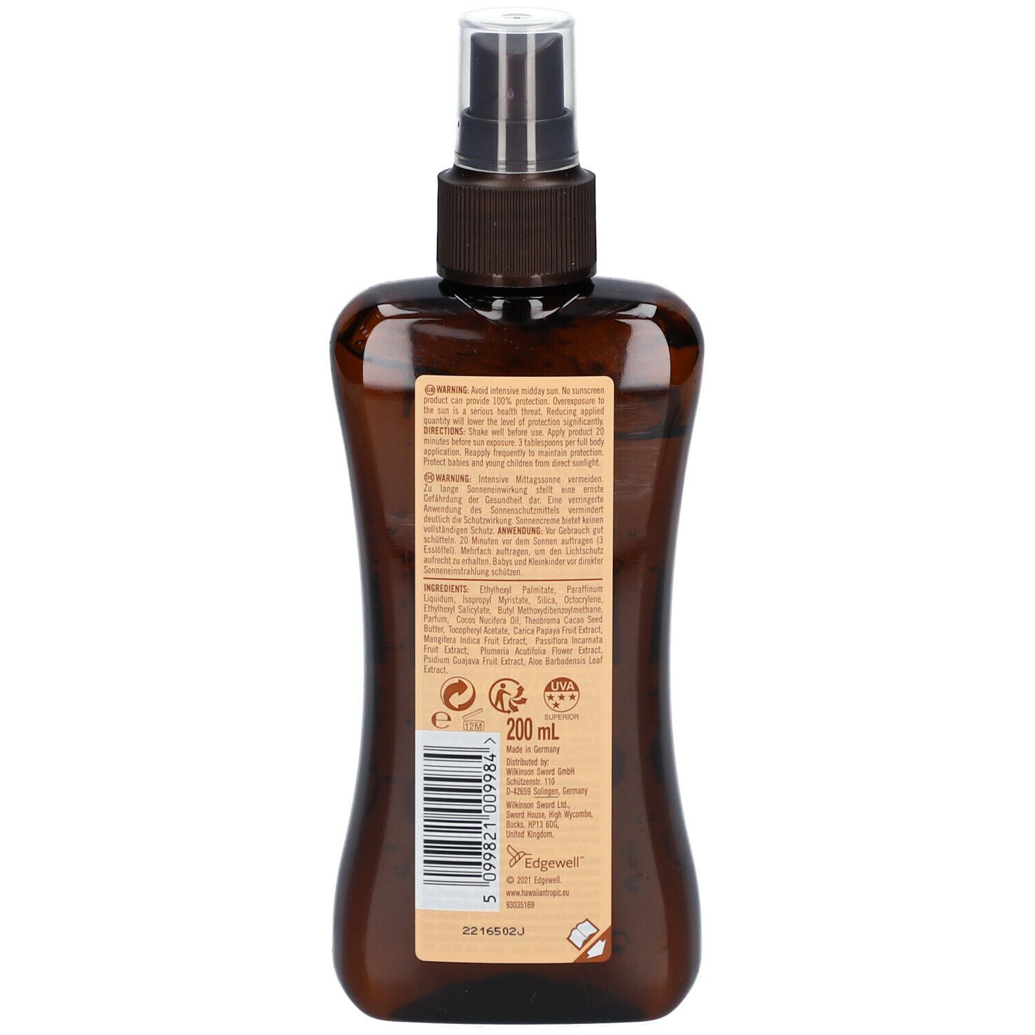 Achterkant van een bruine sprayfles. Tekst, ingrediënten, 200 ml, waarschuwingen, recycling symbool.