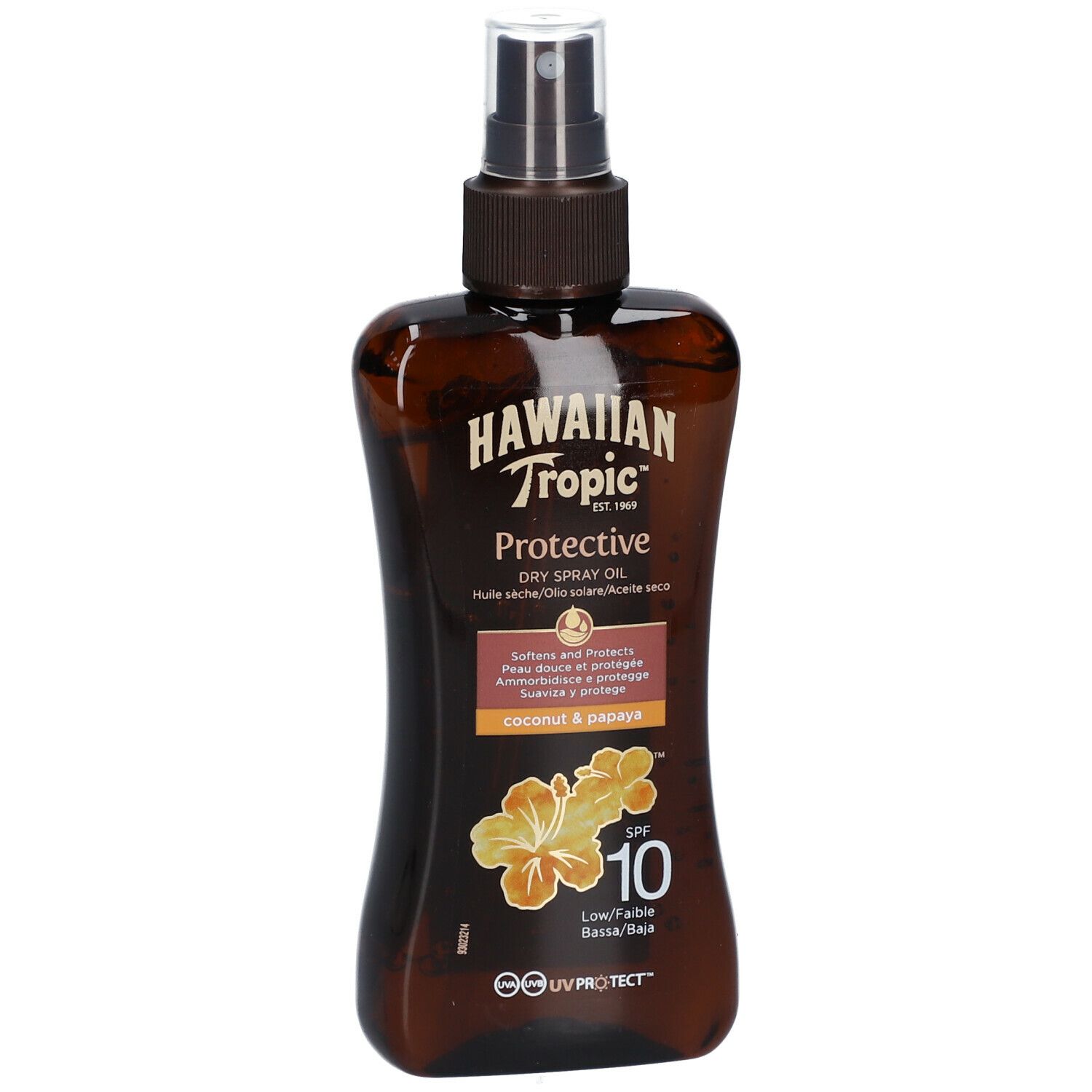 Bruine sprayfles Hawaiian Tropic Protective. SPF 10. Kokosnoot & Papaya. UV-bescherming.