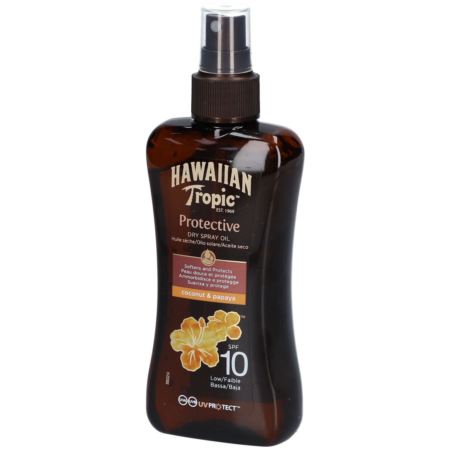 Bruine sprayfles Hawaiian Tropic Protective. SPF 10. Kokosnoot & Papaya. UV-bescherming.
