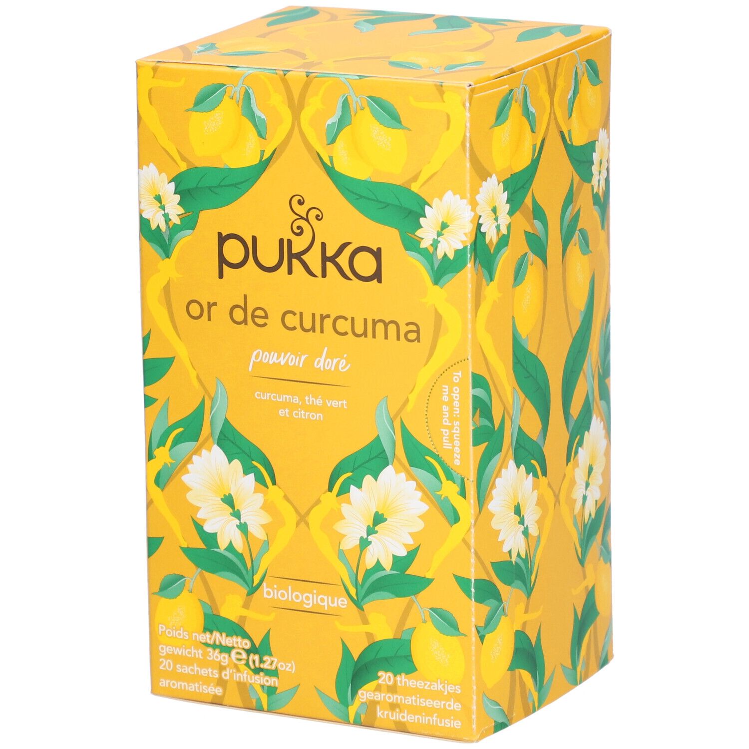 Boîte en carton jaune Pukka "Or de Curcuma". Contient 20 sachets de thé. Certification biologique.