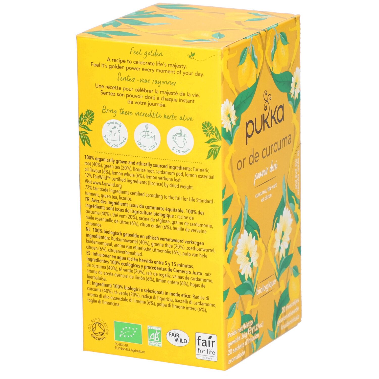 Dos de la boîte de thé jaune Pukka. Texte avec ingrédients, certifications et informations du fabricant. Label Fair for Life.