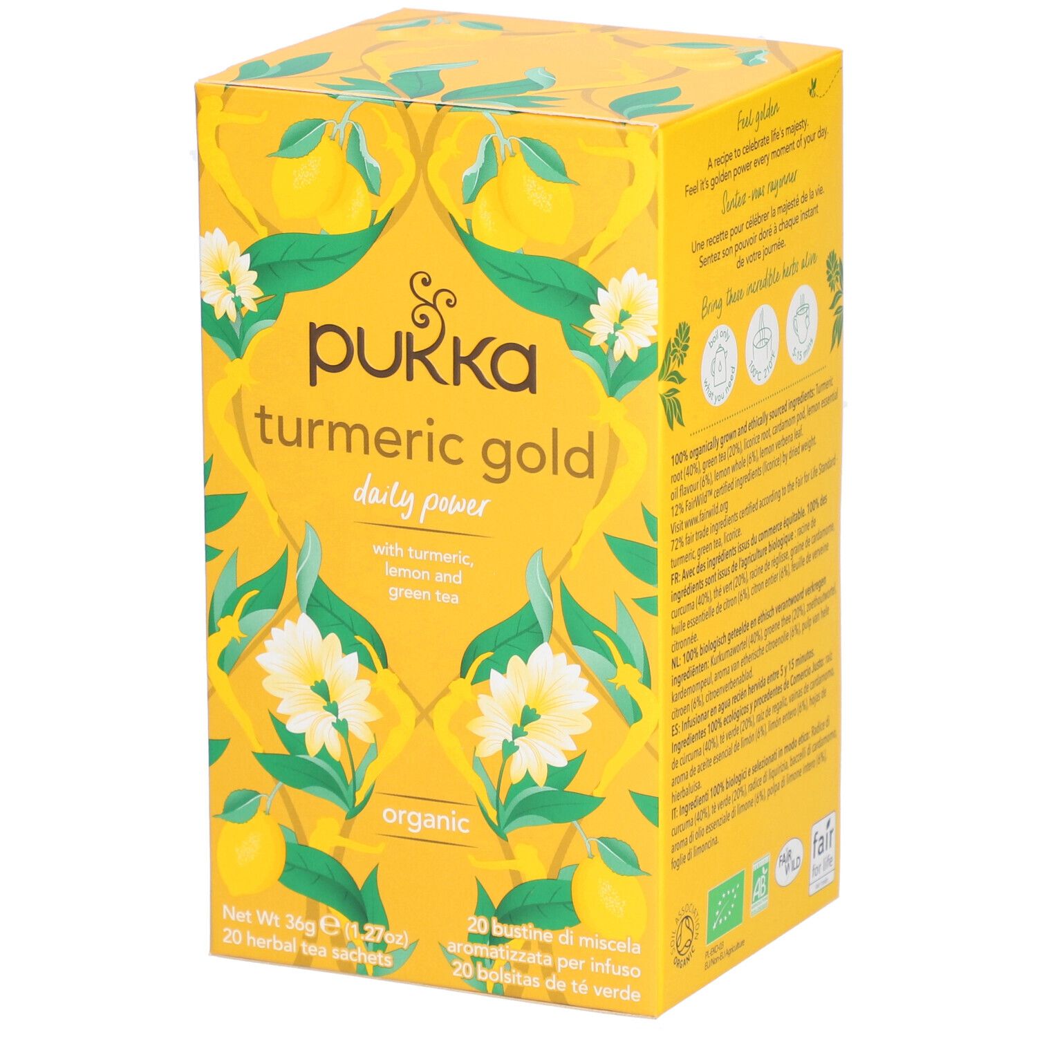 Boîte en carton jaune Pukka "Turmeric Gold". Contient 20 sachets de thé. Certification biologique.