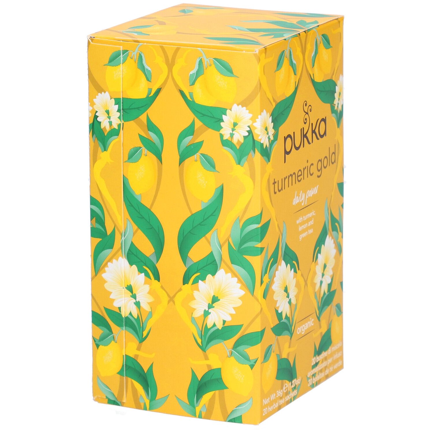 Boîte en carton jaune Pukka "Turmeric Gold". Motif floral. Contient 20 sachets de thé.