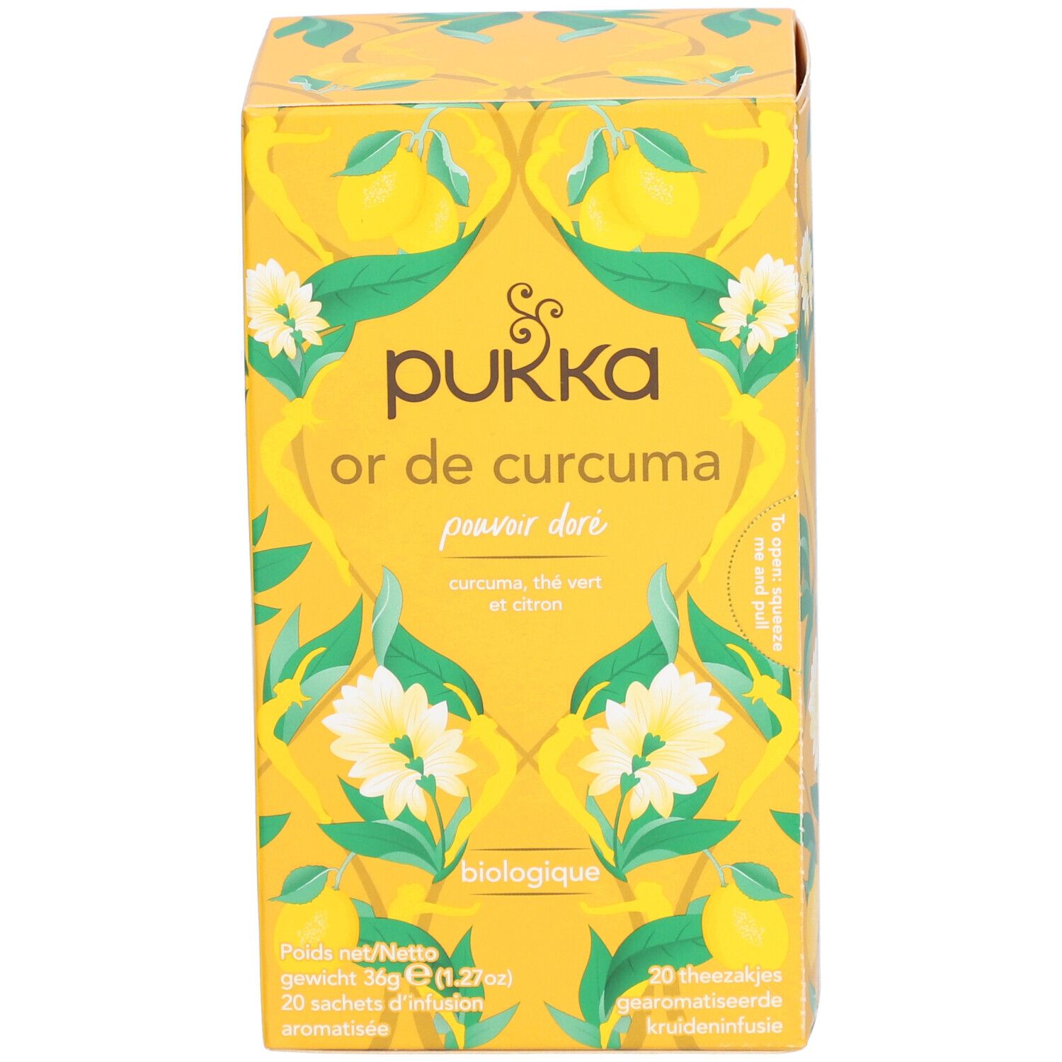 Boîte en carton jaune Pukka "Or de Curcuma". Contient 20 sachets de thé. Certification biologique.