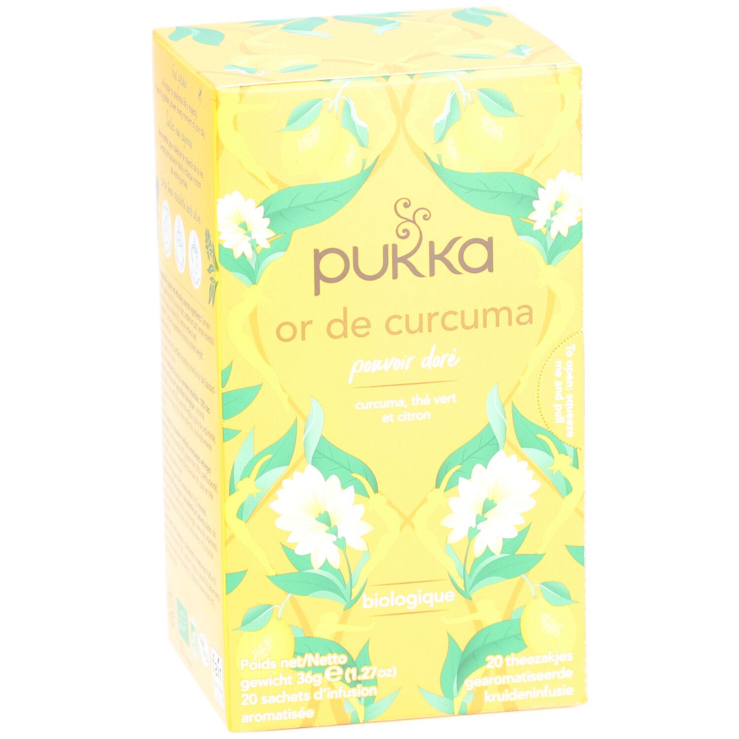 Boîte en carton jaune Pukka "Or de Curcuma". Contient 20 sachets de thé. Certification biologique.