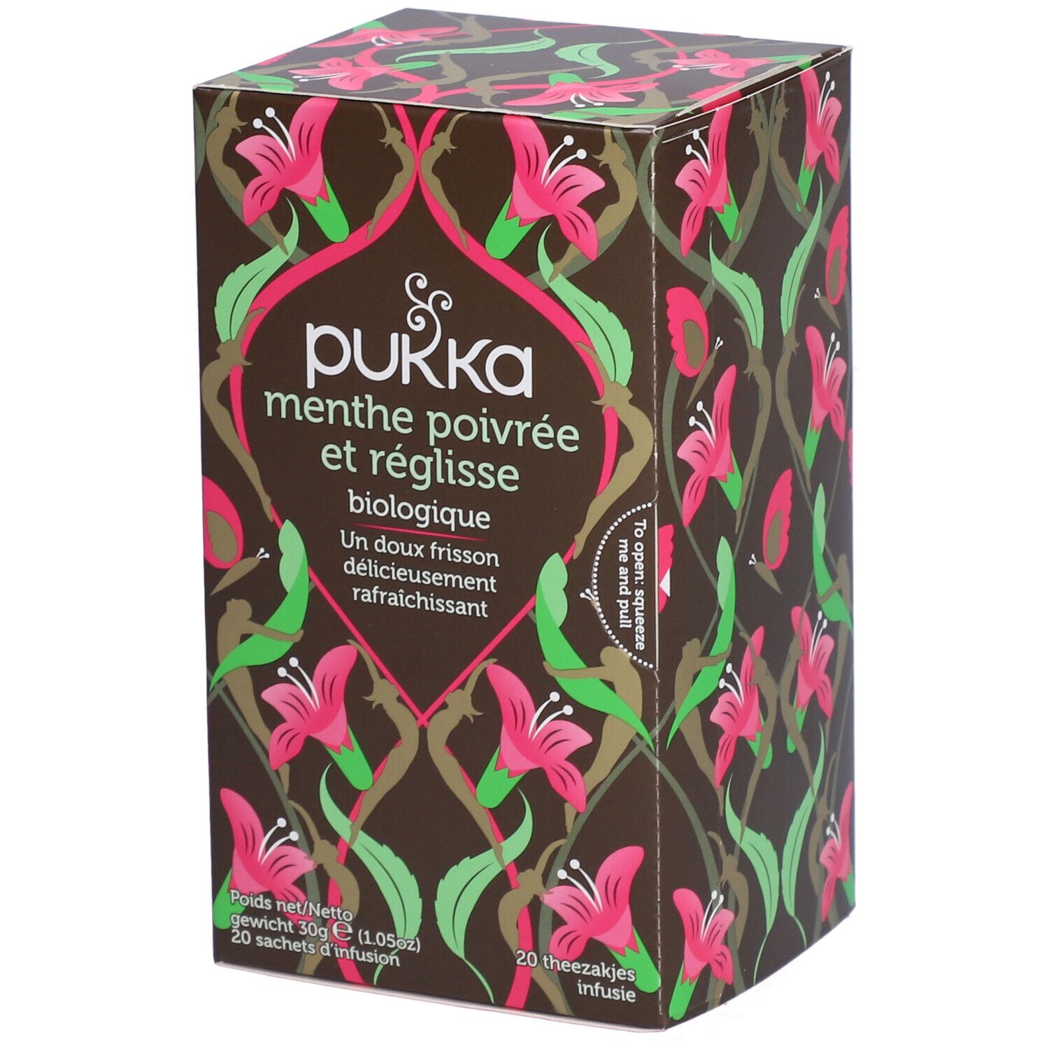 Boîte en carton marron avec motifs floraux et nom du produit. Inscription : Pukka Menthe Poivrée et Réglisse biologique.