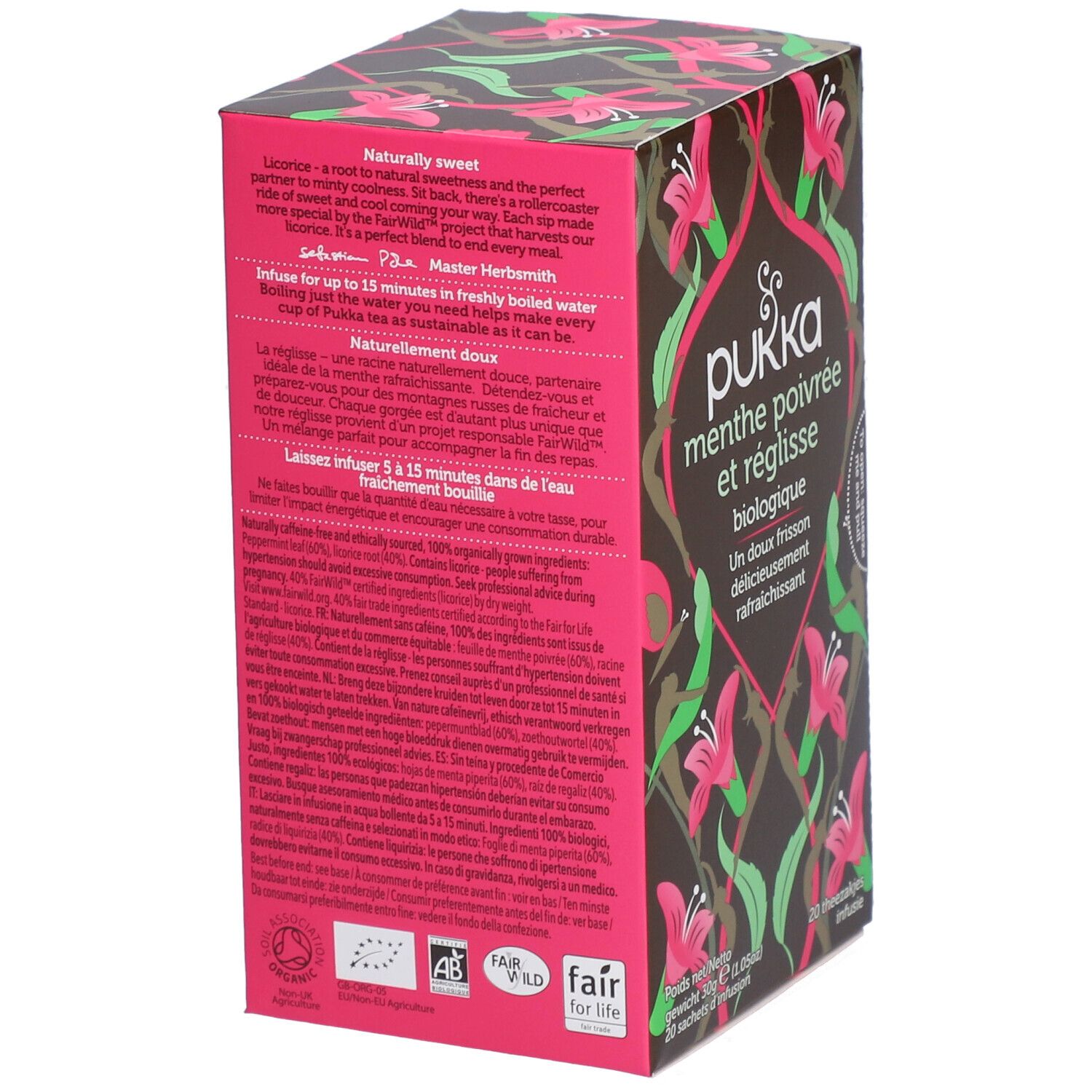 Dos d'une boîte en carton marron avec motifs floraux. Extraits de texte en plusieurs langues. Logo : Fair for Life.