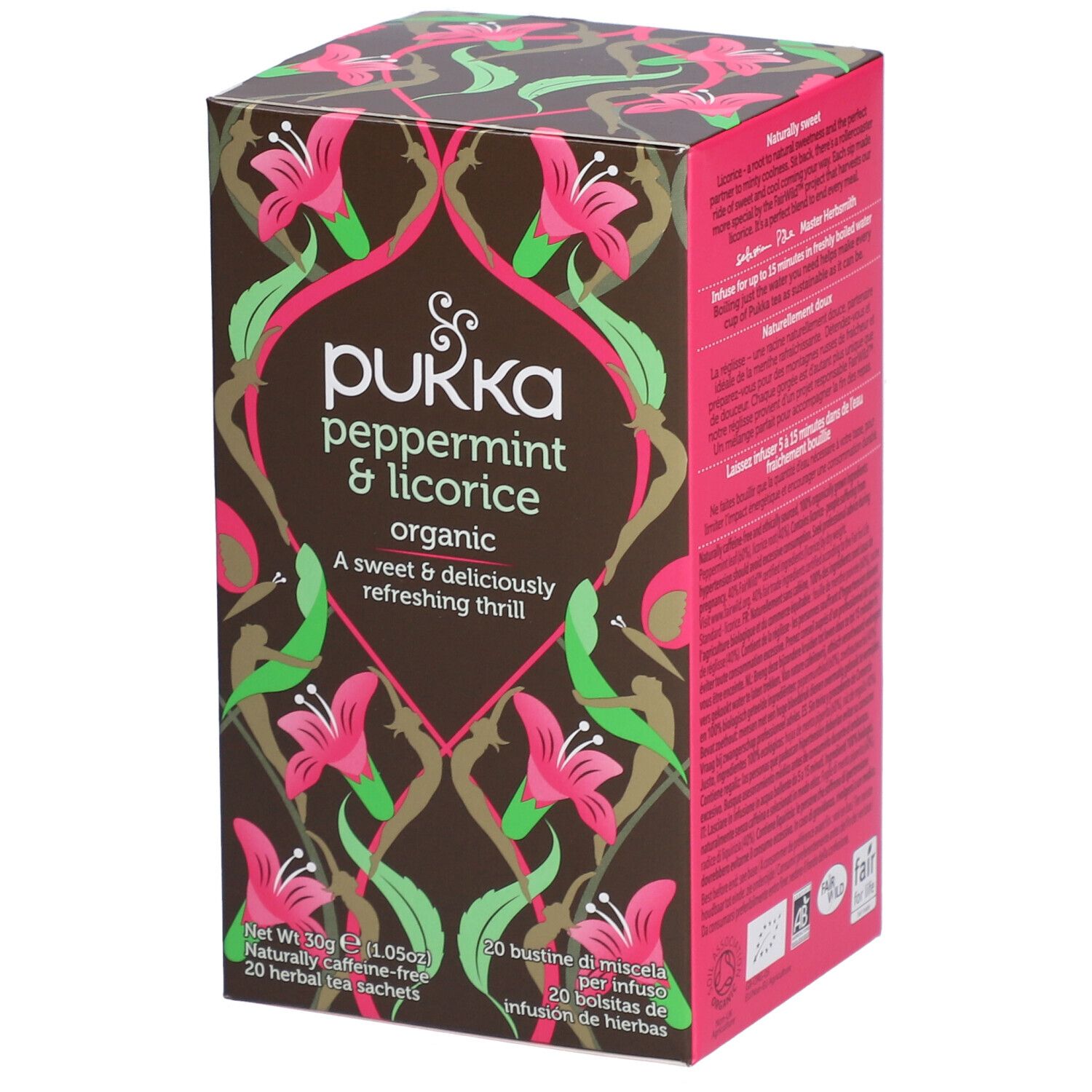 Boîte en carton marron avec motifs floraux et nom du produit. Inscription : Pukka peppermint & licorice organic.