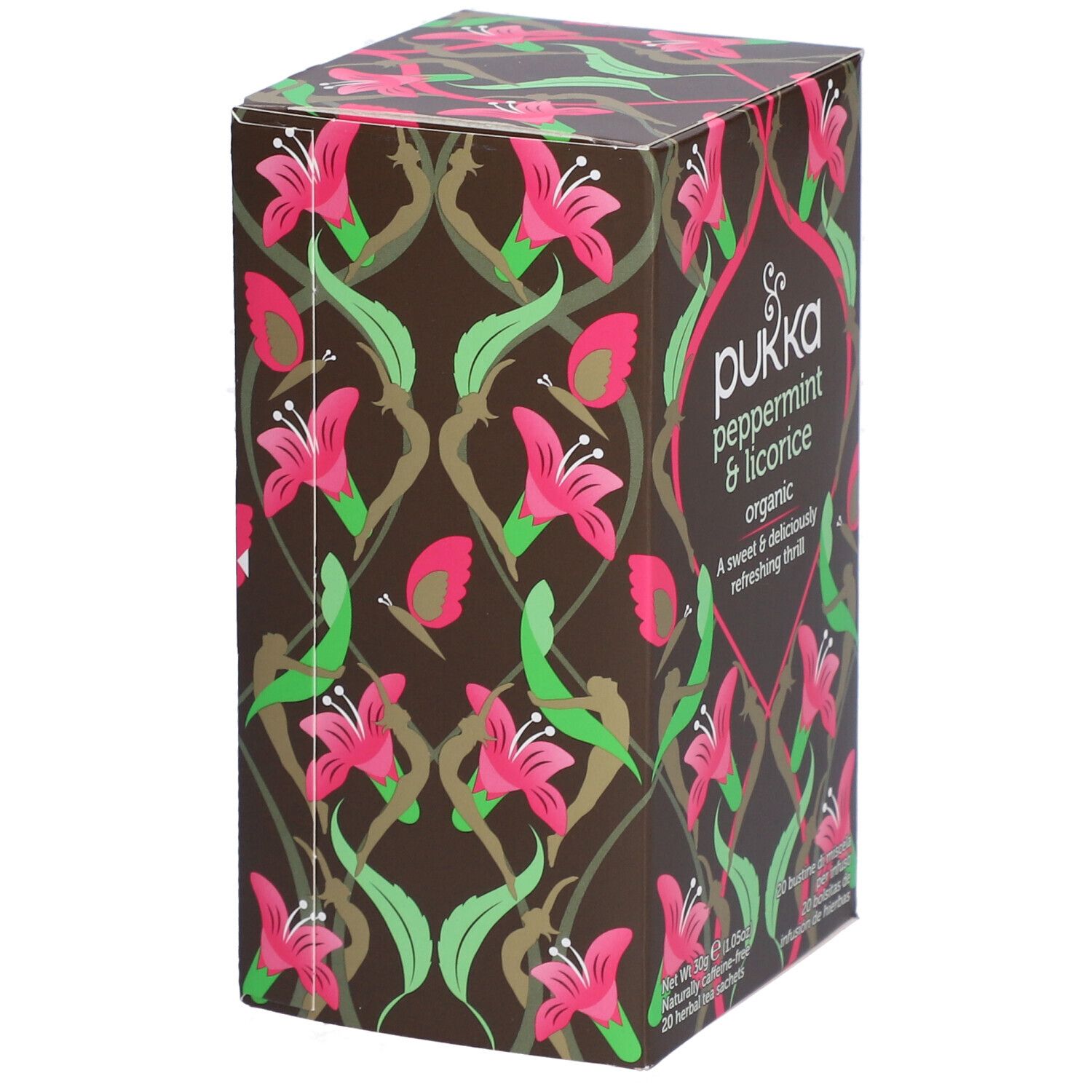 Boîte en carton marron avec motifs floraux. Inscription : Pukka peppermint & licorice organic. 20 sachets de thé.