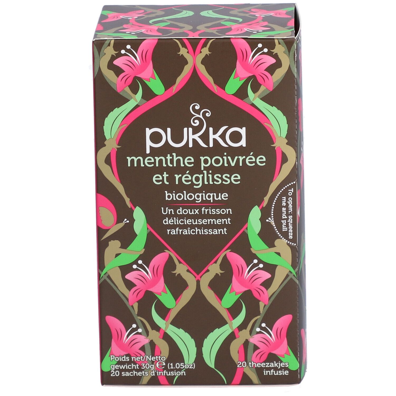 Boîte en carton marron avec motifs floraux et nom du produit. Inscription : Pukka Menthe Poivrée et Réglisse biologique.