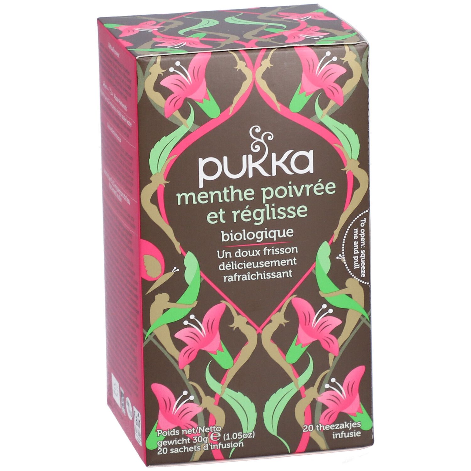 Boîte en carton marron avec motifs floraux et nom du produit. Inscription : Pukka Menthe Poivrée et Réglisse biologique.