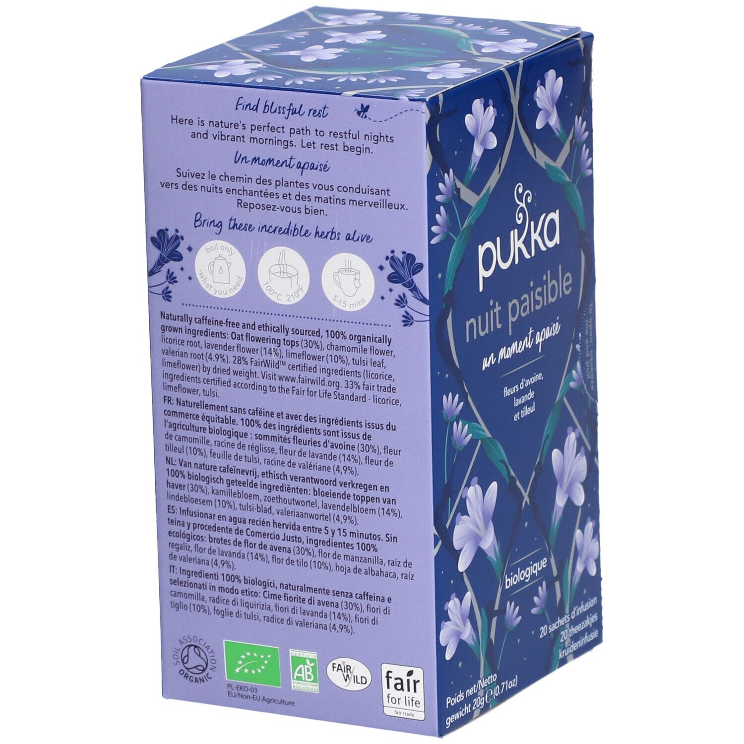 Boîte bleu-violet avec logo Pukka et texte. Contient 20 sachets de thé. Certification biologique et label FairWild.