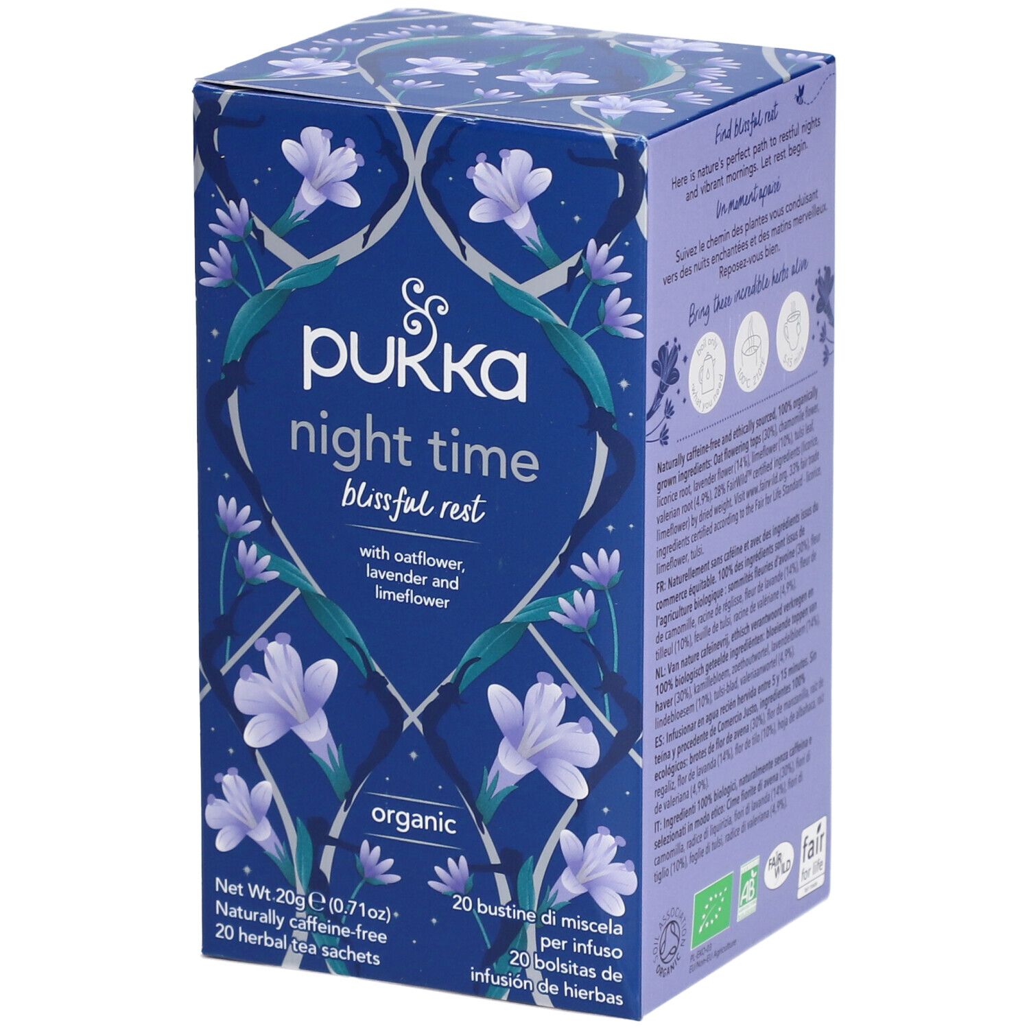 Boîte bleu-violet avec logo Pukka et texte. Contient 20 sachets de thé. Avec certification biologique.
