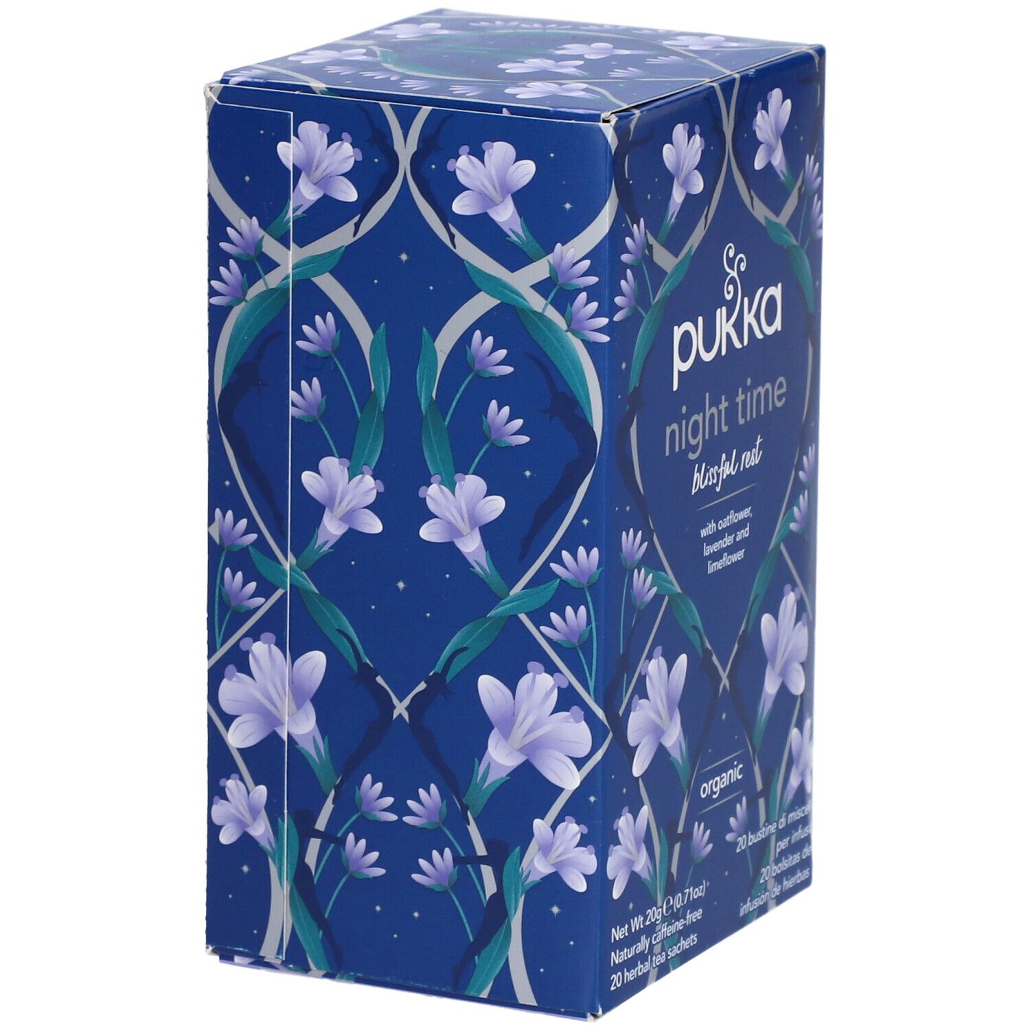 Boîte bleu-violet avec logo Pukka et texte. Contient 20 sachets de thé. Avec certification biologique.