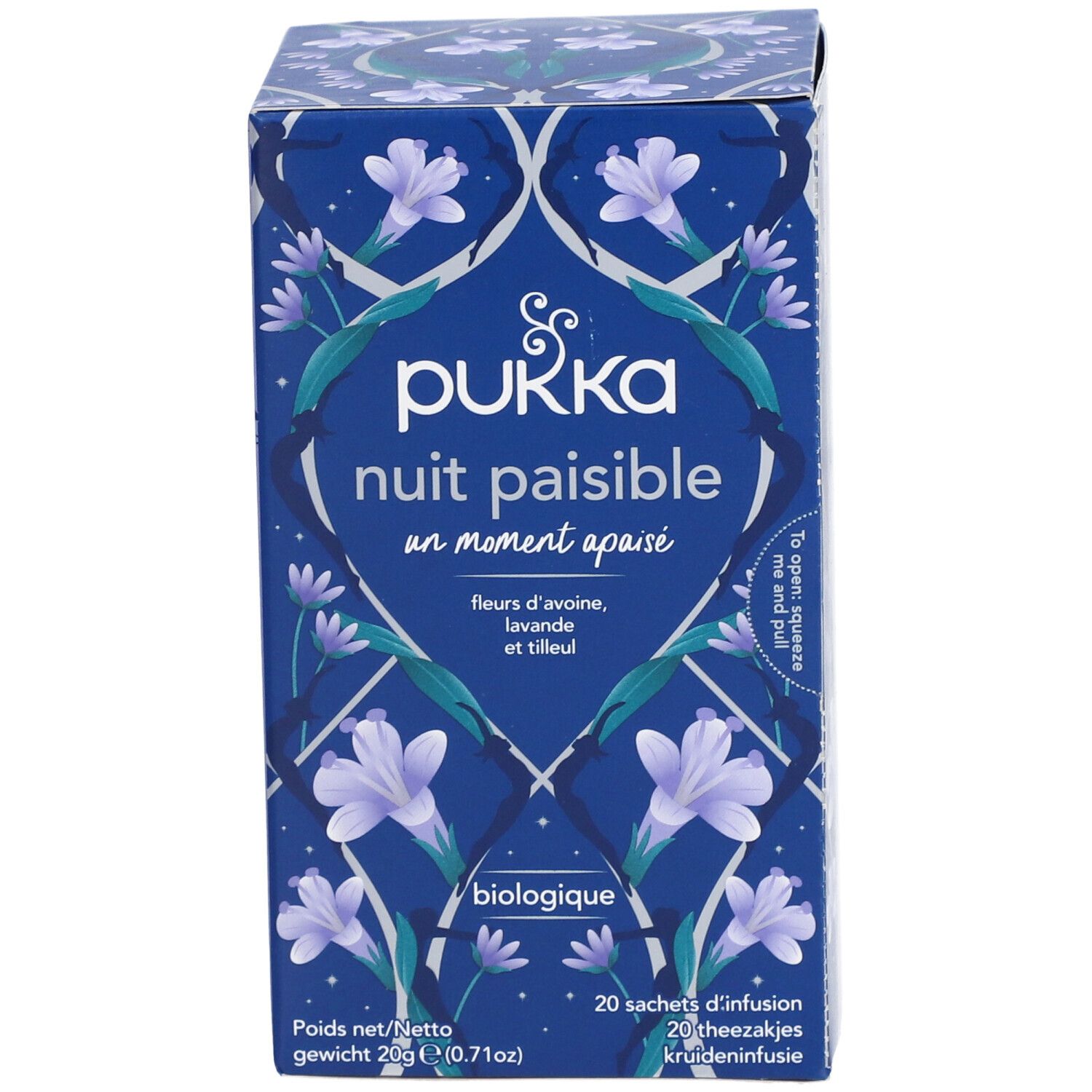 Boîte bleu-violet avec logo Pukka et texte. Contient 20 sachets de thé. Certification biologique.